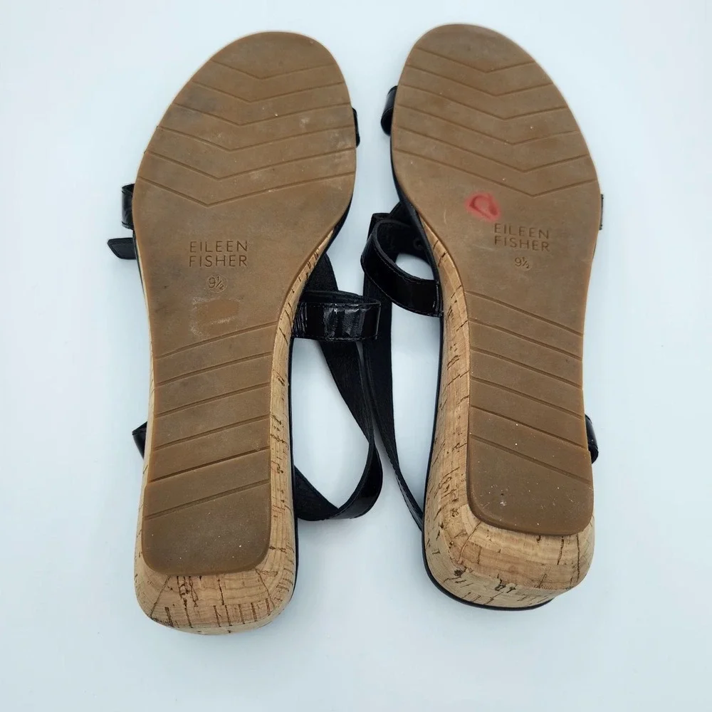 Eileen Fisher Women's Sz 9.5 Black Patent Leather Cork Low Wedge Strappy Sandals